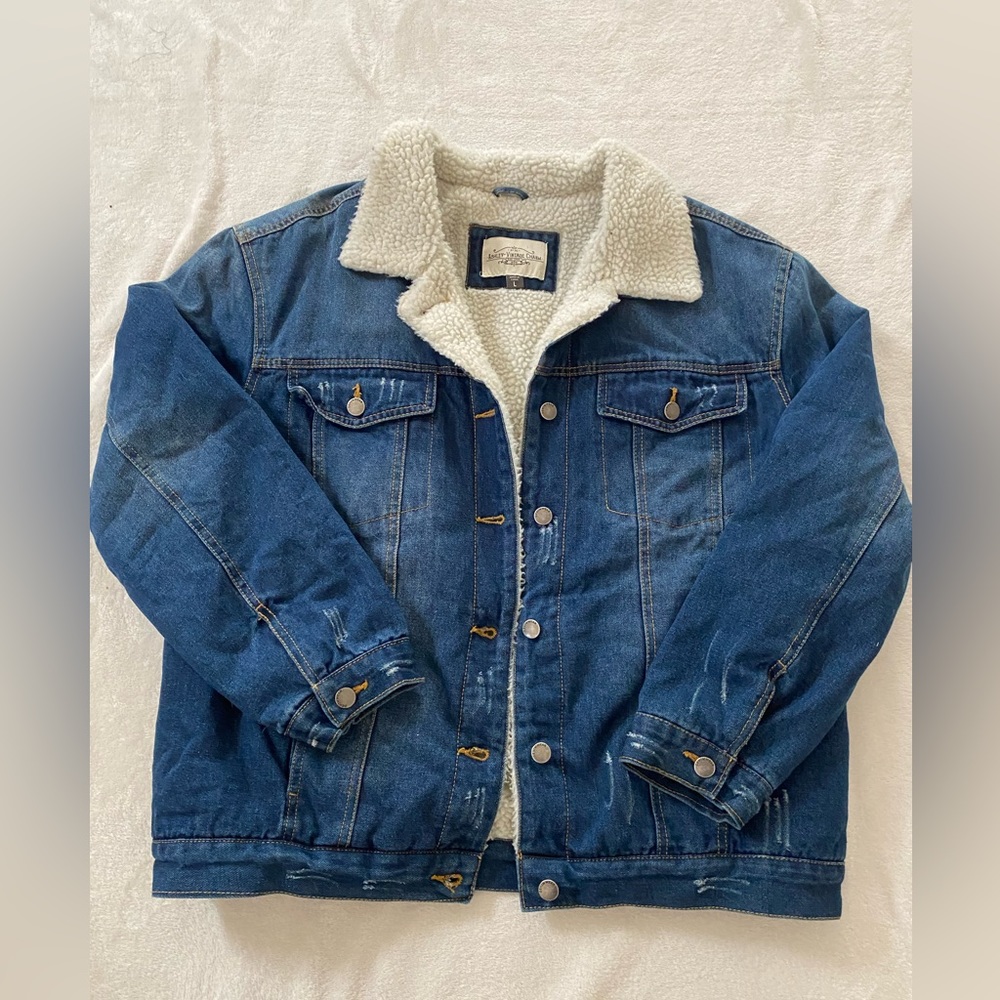 Vintage Sherpa Trim Denim Jacket Oversized Color Blue Size L - Picture 6 of 6